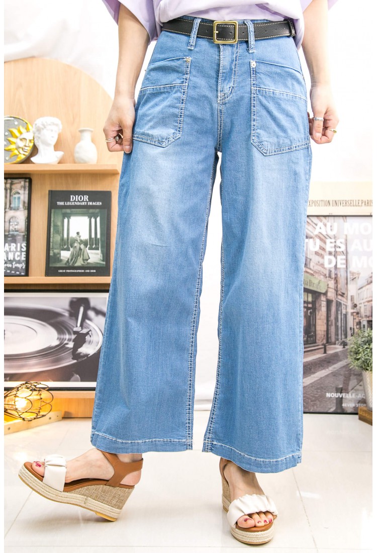 2315-1098 - 超薄牛 -拼色車線 ‧ 薄牛仔料闊褲（約9分） (韓國)  